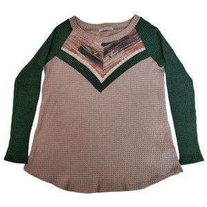 Ces Femme Women's Knit Green/Tan Color Block Long Sleeve Pullover Sweater Small